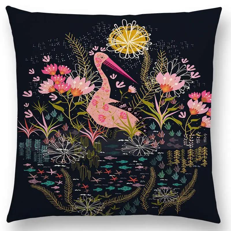 Animal Tale Spring Floral Garden Pattern Sofa Throw Pillow Case Bear Fox Unicorn Bear Birds Flower Leaf Fantasy Cushion Cover