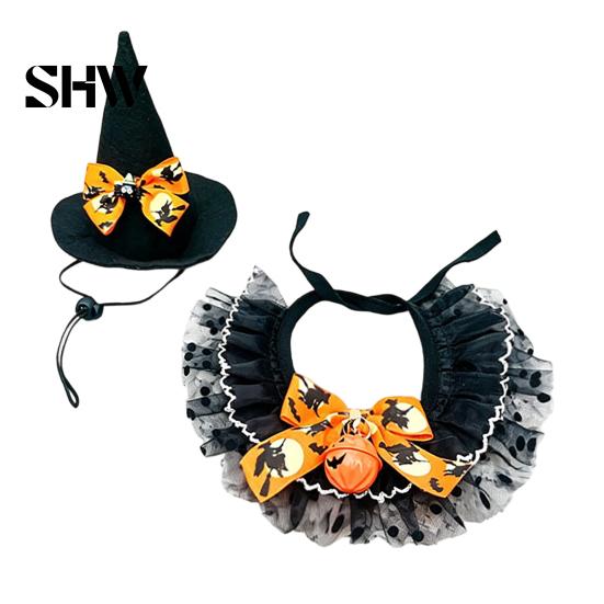 Halloween Costume for Small Pets 1 Set Cat Costume, Wizard Hat And Lace Bandana, Ruffled Bib Dog with Bow Bell, Holiday Party Outfit Dogs, Cats