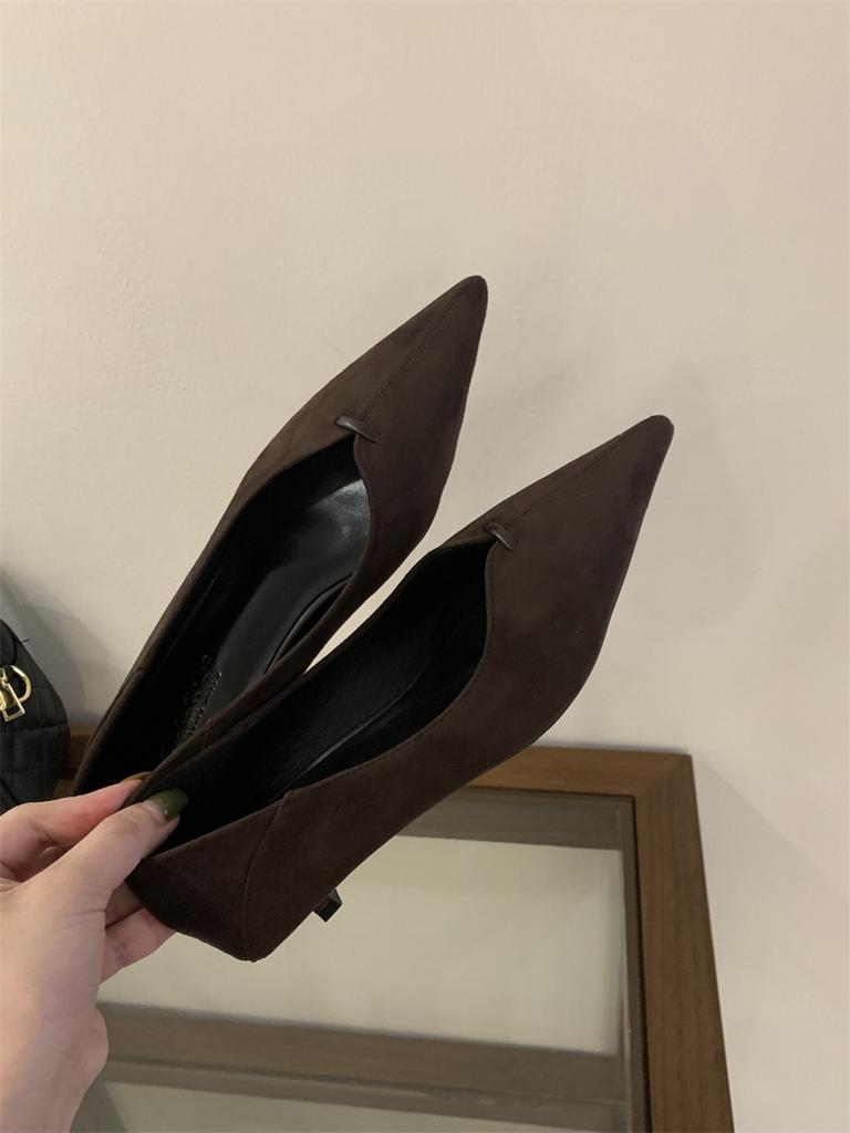 2025 New Pointed Suede Cat Heel High Heels Women's Thin Heel Shallow Mouth Single Shoes Autumn Versatile Professional Work Shoes