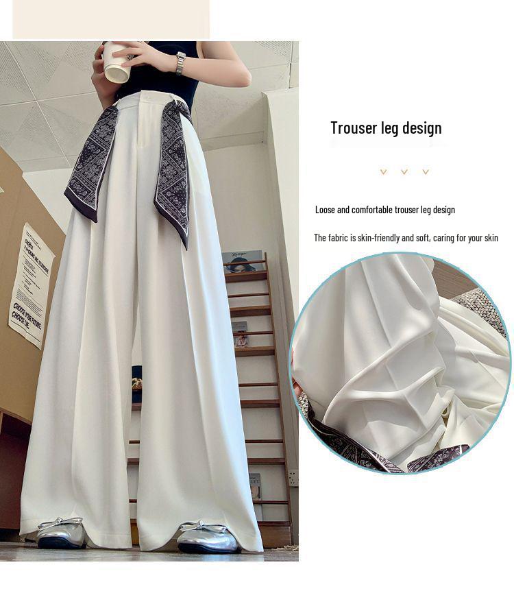 2025 Summer Women's Silk Scarf Print High-Waisted Wide-Leg Drape Pants - Fashionable Floor-Length Casual Trousers