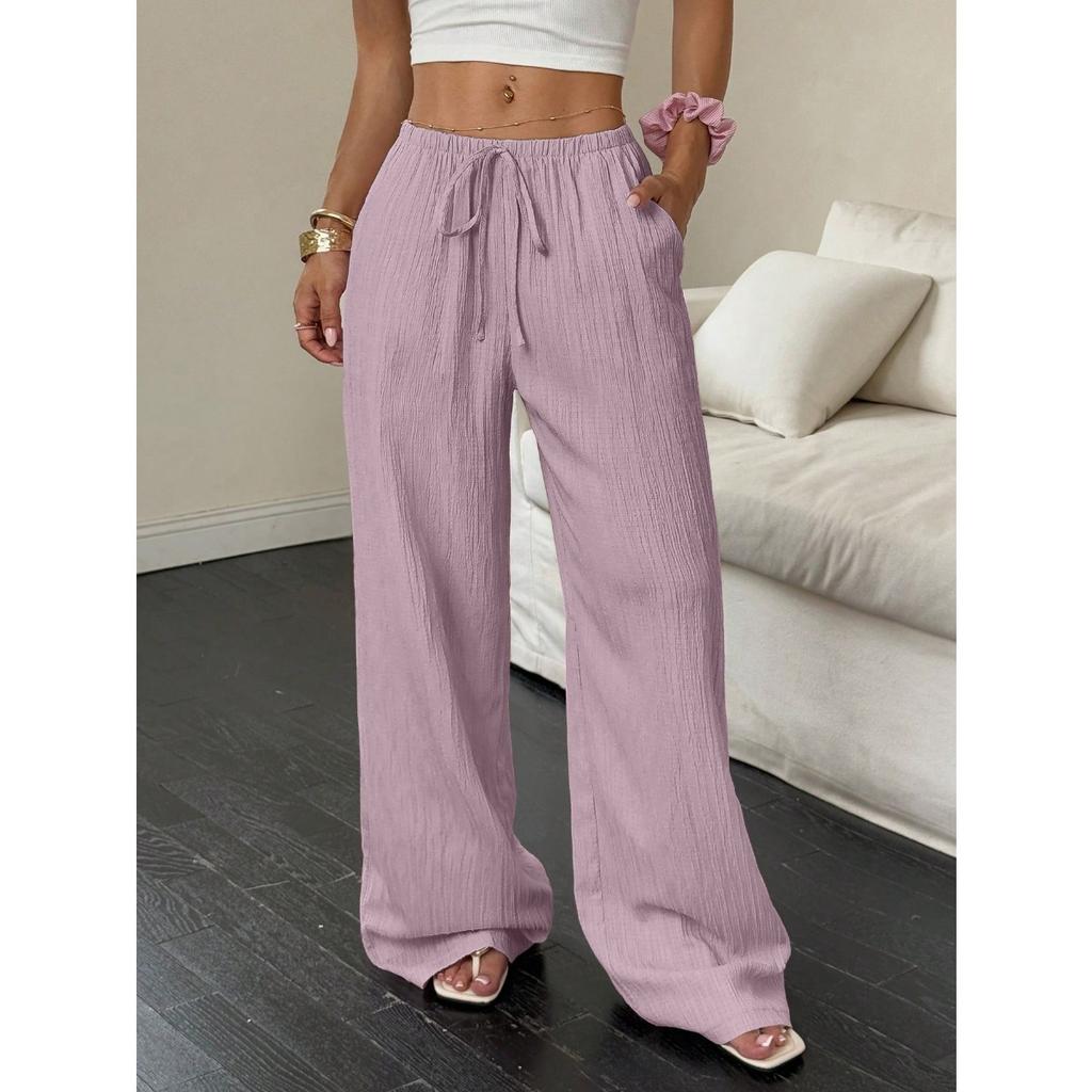 New Women's Casual Solid Color Textured Fabric Knotted Waist Slanted Pocket Wide Leg Pants