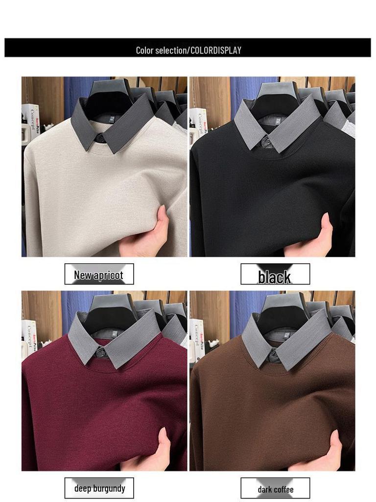 Men's Two-in-One Fleece-Lined Knit Sweater with Shirt Collar for Autumn/Winter