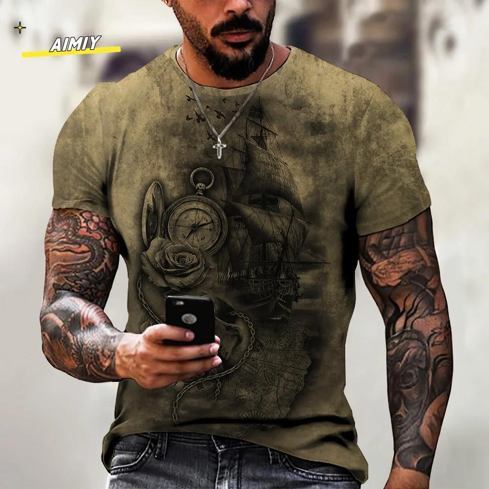 Vintage Summer Compass Pattern 3D Printed Short-sleeve Men's T-shirts Loose Daily Men Clothing Casual Streetwear