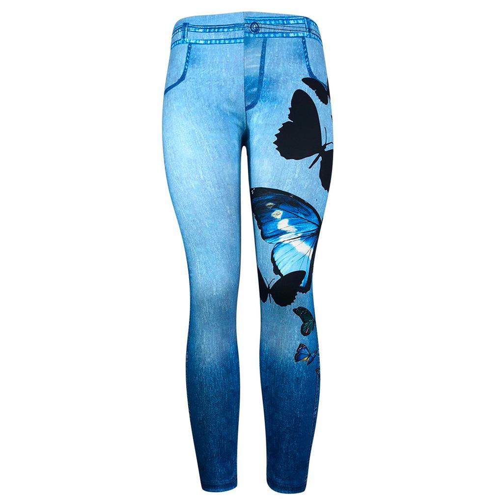 New Women Fashion Plus Size Butterfly Print Skinny Casual Faux Denim Long Pants