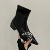 Französische spitze dicke hohe Absätze kurze Stiefel Damen 2025 neu Temperament Seitenreißverschluss Mode elastische dünne Stiefel