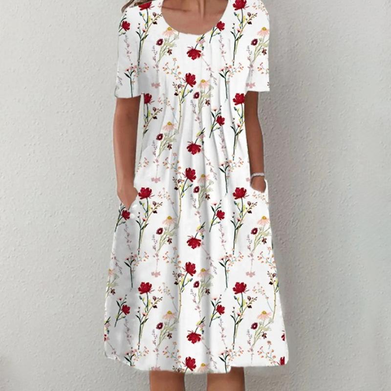 Spring and Summer Floral Print Crew Neck Pocket Women's Fashion Casual Crew Neck Trend Print Medium and Long Dress