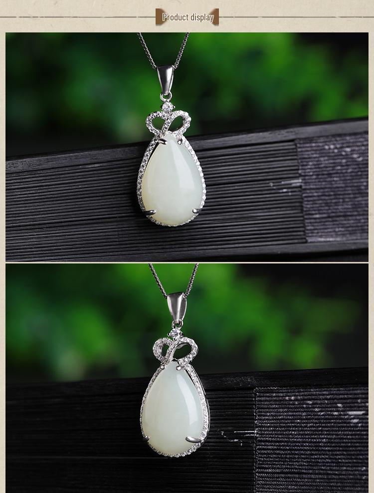 Hetian Jade Teardrop Pendant Necklace, Sterling Silver Crown Inlaid White Jade, Court Style Jewelry Gift for Women