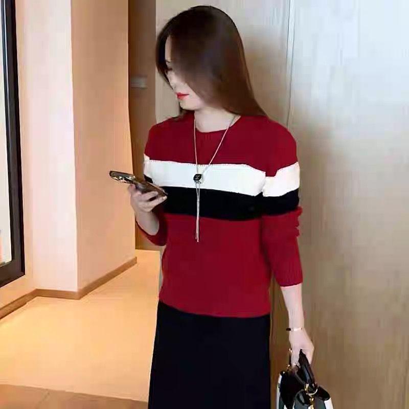 

Color Block Striped Knit Pullover Sweater - Women s Autumn/Winter, Loose Fit, Soft & Comfortable, Round Neck One Size красный