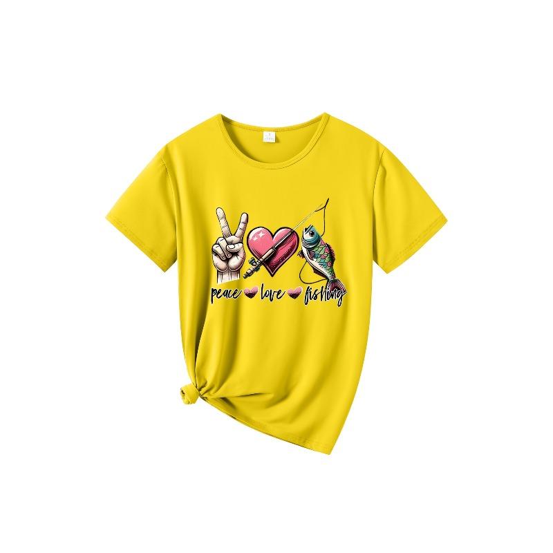 European Size Women's Casual Graphic T-Shirt - Peace Love Fishing Design with Vibrant Fish & Heart Print, Relaxed Fit Round Neck