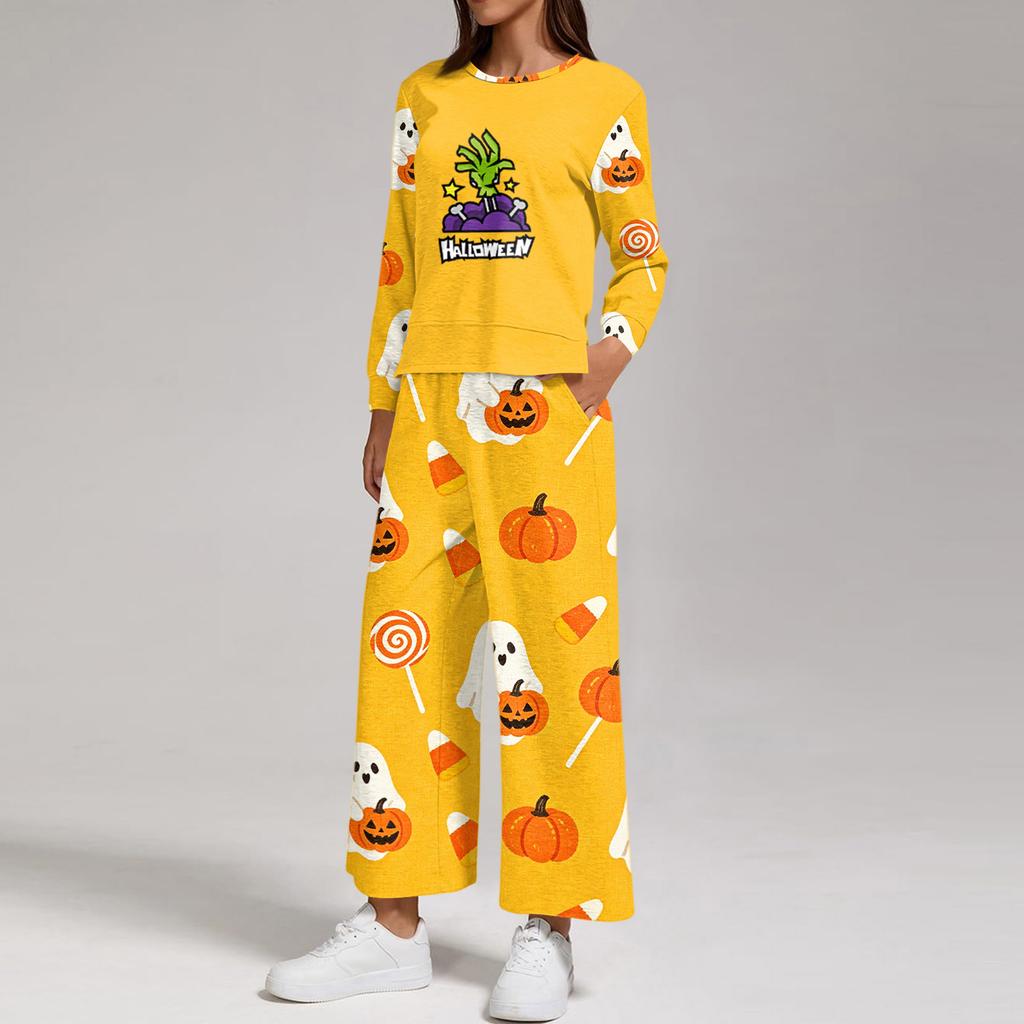 Women's Halloween Print Sweatshirt and Jogger Set, Crewneck Loose Fit with Side Slit Hem