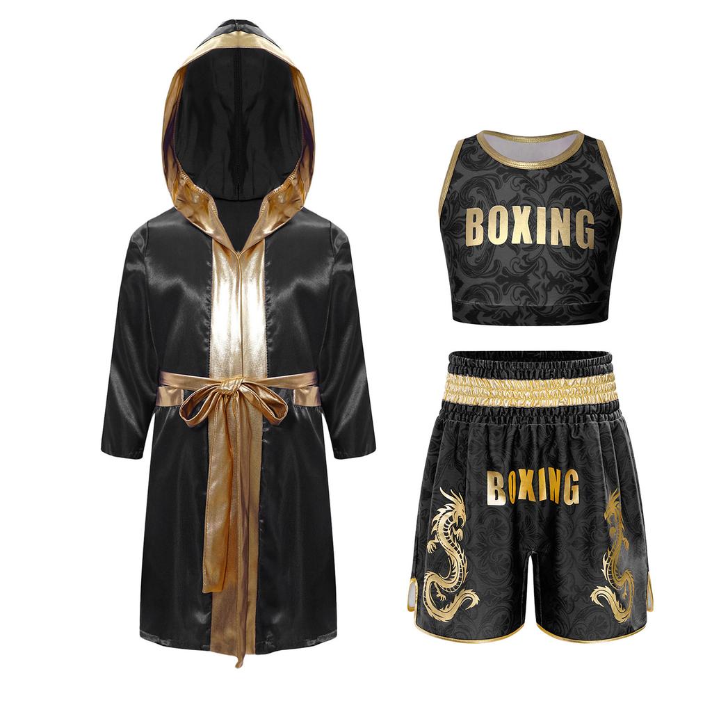 Unisex Kids Fight Wear Floral Vest Shorts Set with Hooded Robe Belt Metallic Trim for Boxing Kickboxing Practice