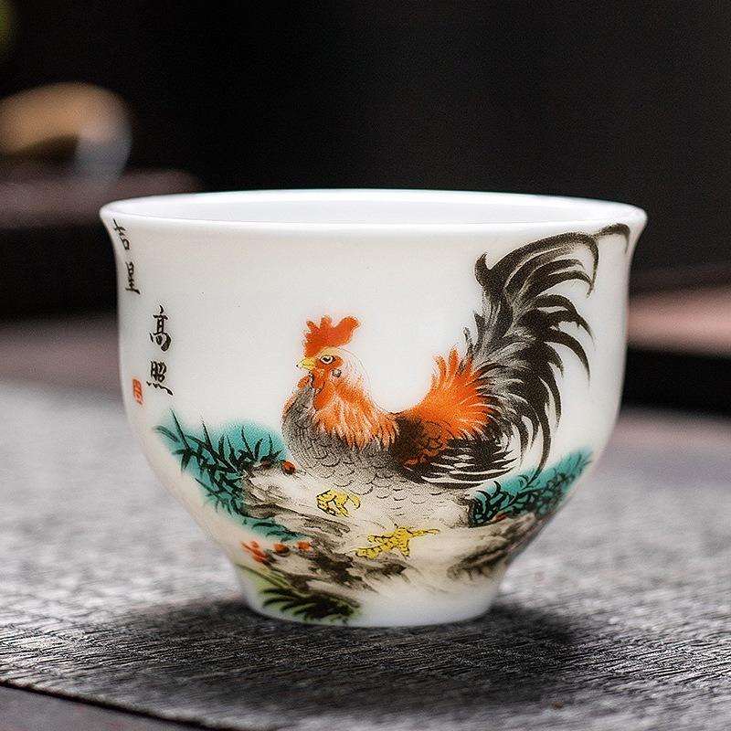 Cylinder Cup Chicken Ceramic Chinese Tea Cup Sheep Fat Jade Rooster Tea Cup Kung Fu Tea Ceremony Accessories Drinking Utensils