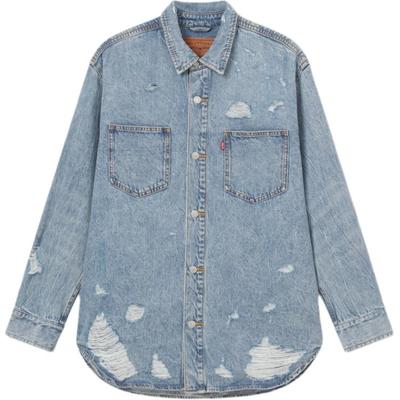 Levis Loose Comfortable Distressed Flannel Long Sleeve Denim Jacket Men Jackets Medium-Blue 0017E-0002