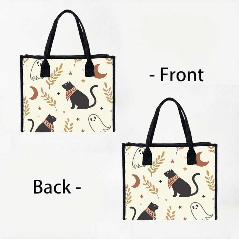 Halloween Cute Cat Ghost Printed Tote Bag Portable Casual Daily Shoulder Handbag