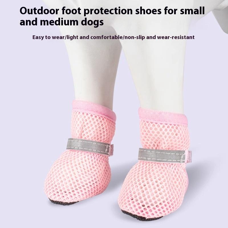 4Pcs Summer Cooling Dog Boots for Night Walks Breathable Mesh Dog Shoes with Reflective Straps & Soft Sole for Paw Protection