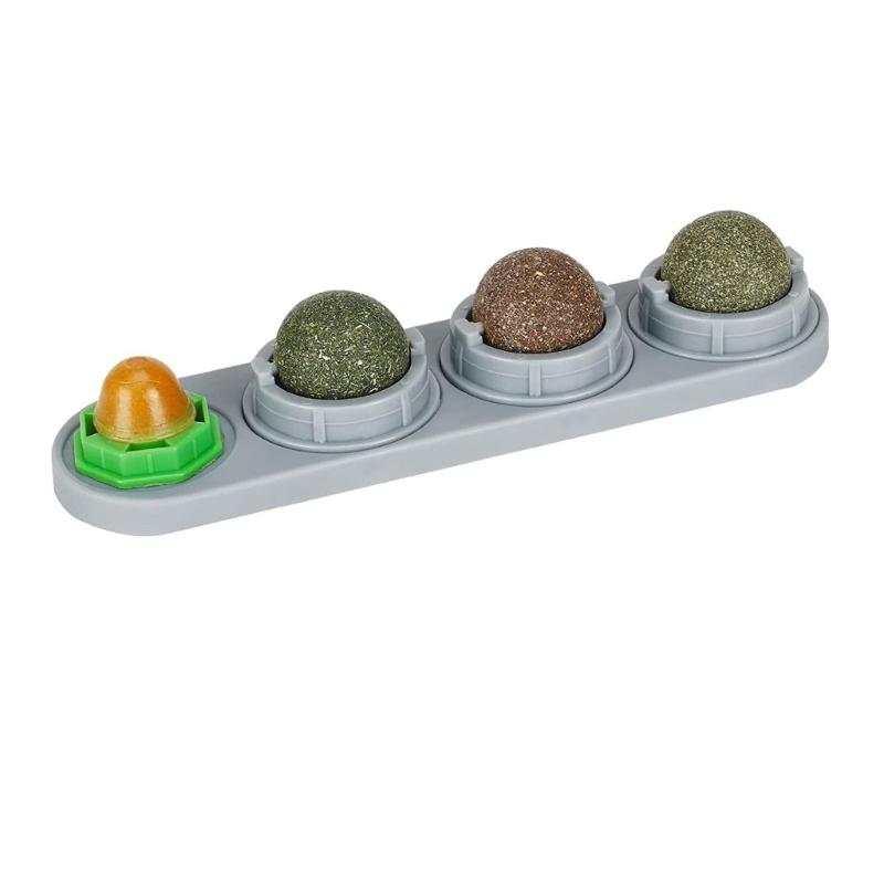 Catnips Toy Edible Ball Set Wall Mount Rotatable Natural Licking Treat Toy for Kitten of Various Age 8" Long Base X3UC