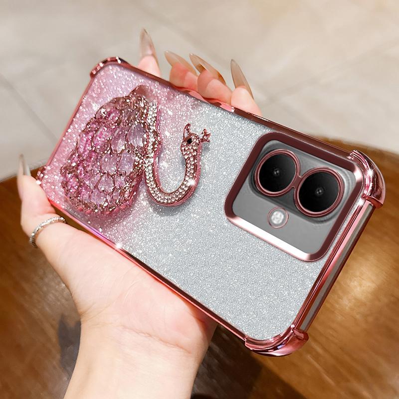 KEYSION Shockproof Plating TPU Phone Case for TECNO Spark Go 2 Pop 10 Glitter Jewelled Swan Kickstand Cover for Infinix Smart 10