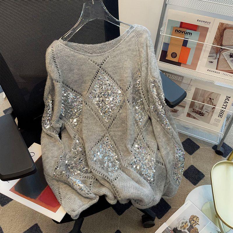 

Стильный изысканный ажурный модный свободного кроя с длинными рукавами с пайетками Grey S