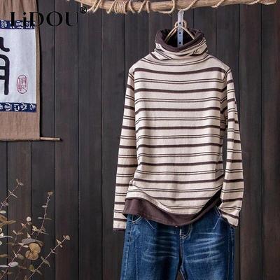 2024 Autunno Inverno Nuova T-shirt Moda a Manica Lunga con Collo Alto e Stampa a Righe Donna Colore a Contrasto Vintage Pullover All-match