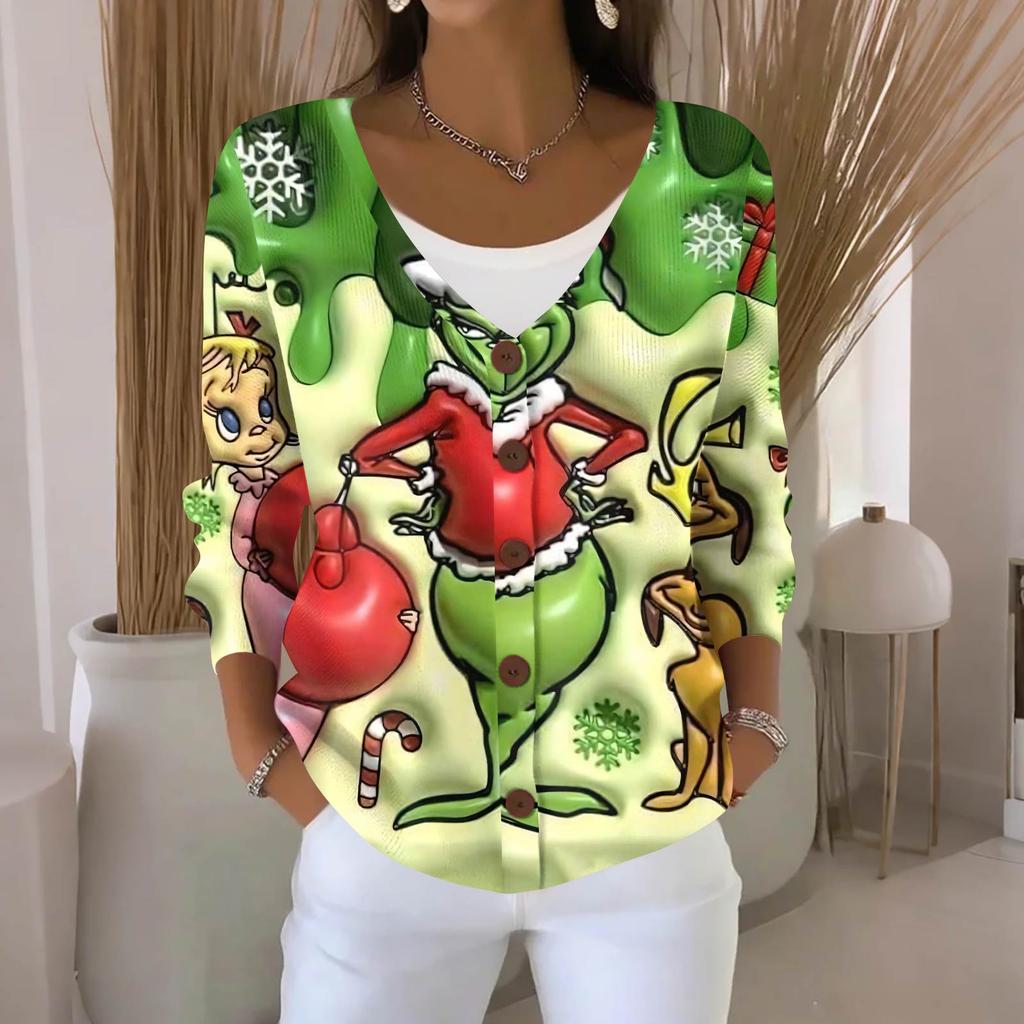 Women's Fashion Casual Knit Sweater Button-Up Christmas Print Cardigan Jacket
