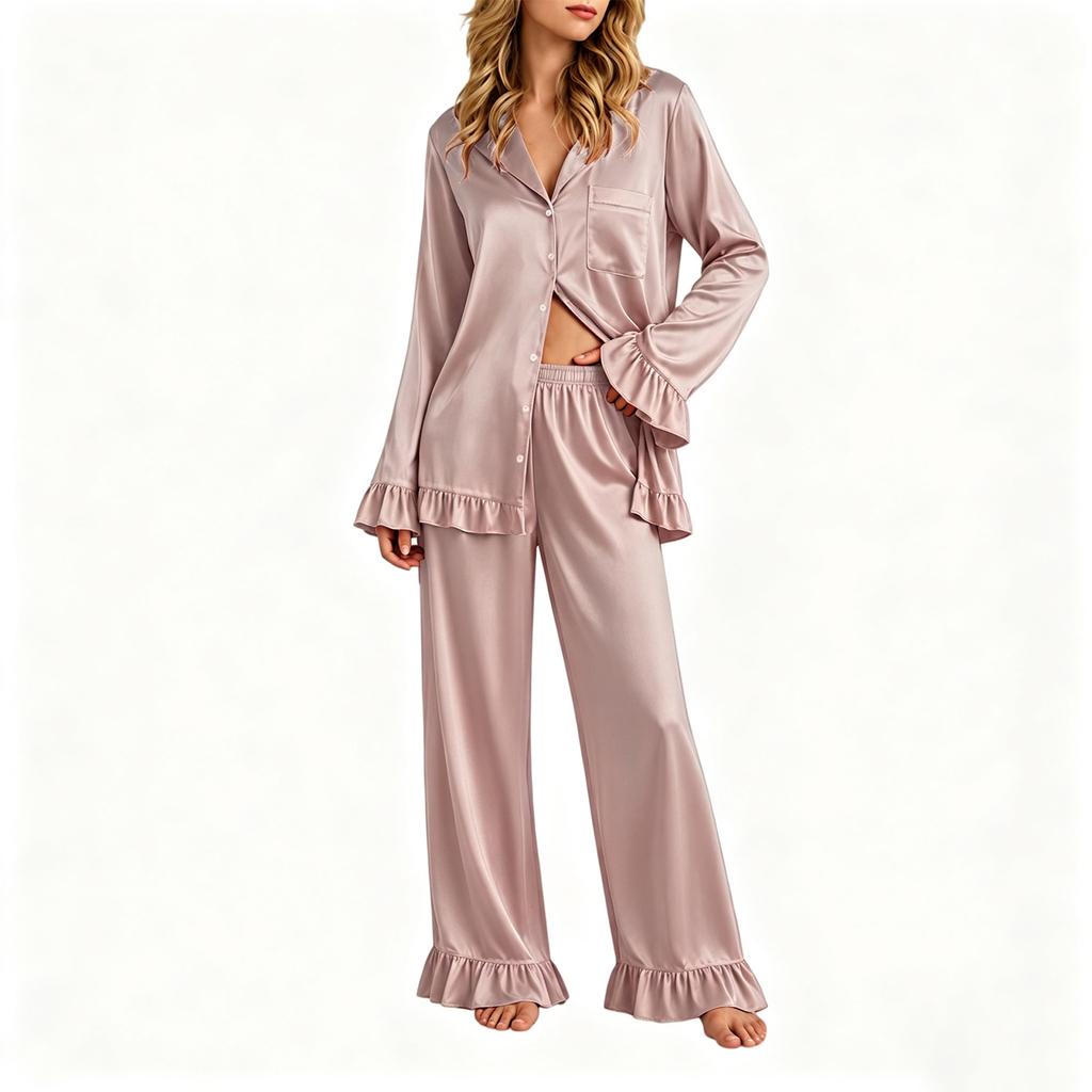 Women's Color Long Sleeve Lapel Collar Top and Ruffle Trim Pants Pajama Set 2 Piece Loungewear Sleepwear