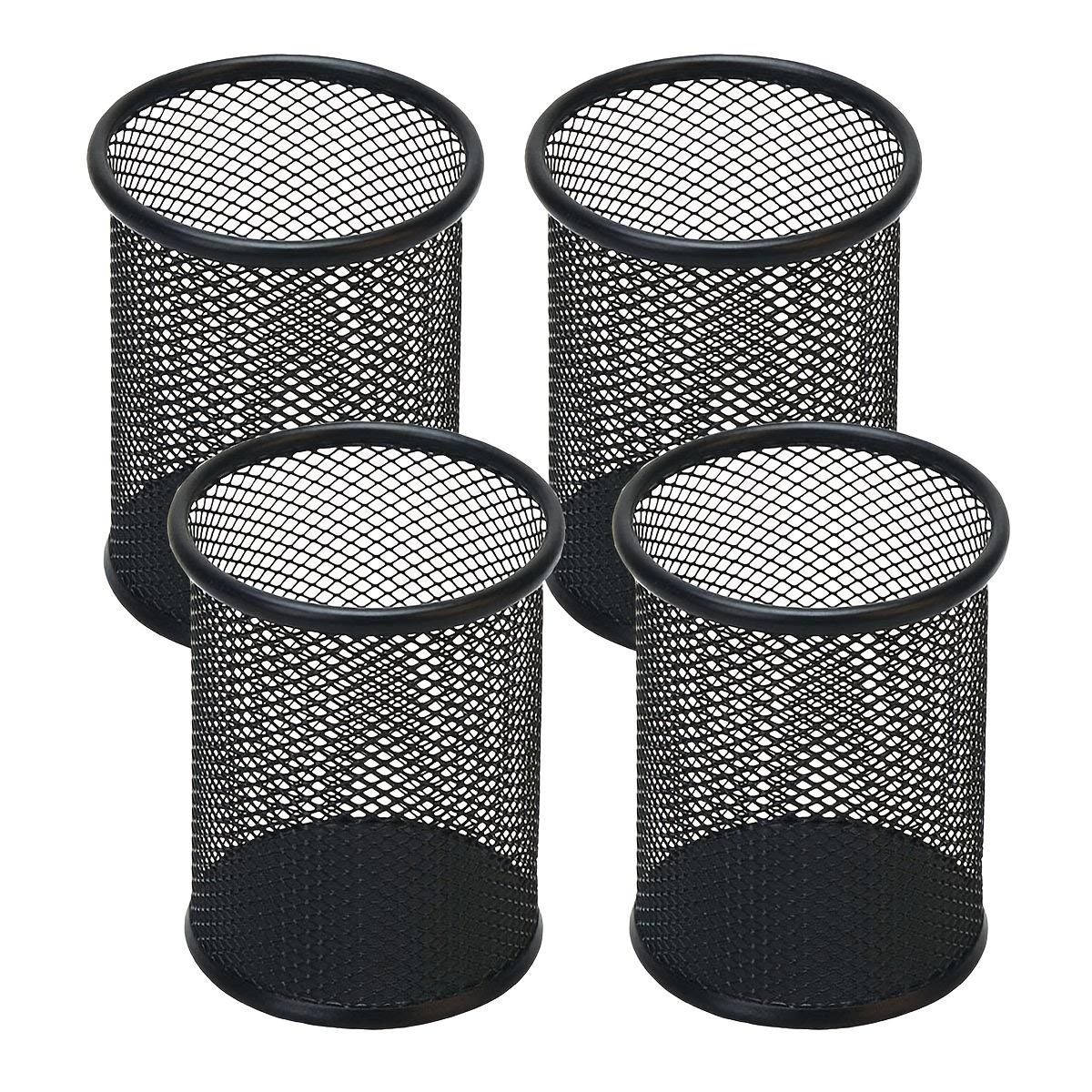 

4pcs Black Metal Wire Mesh Pen Holders - Round Desk Organizer with Open-Top Design, for Office & Home Desktop Storage