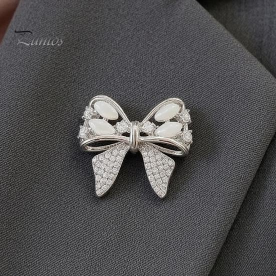 Bowknot Lapel Pin Rhinestone Bow Brooch, Cat Eye Stone Pin, Sweater Dress Embellishment Cardigan Coat Suits Clothing Accessories, Jewelry Gift
