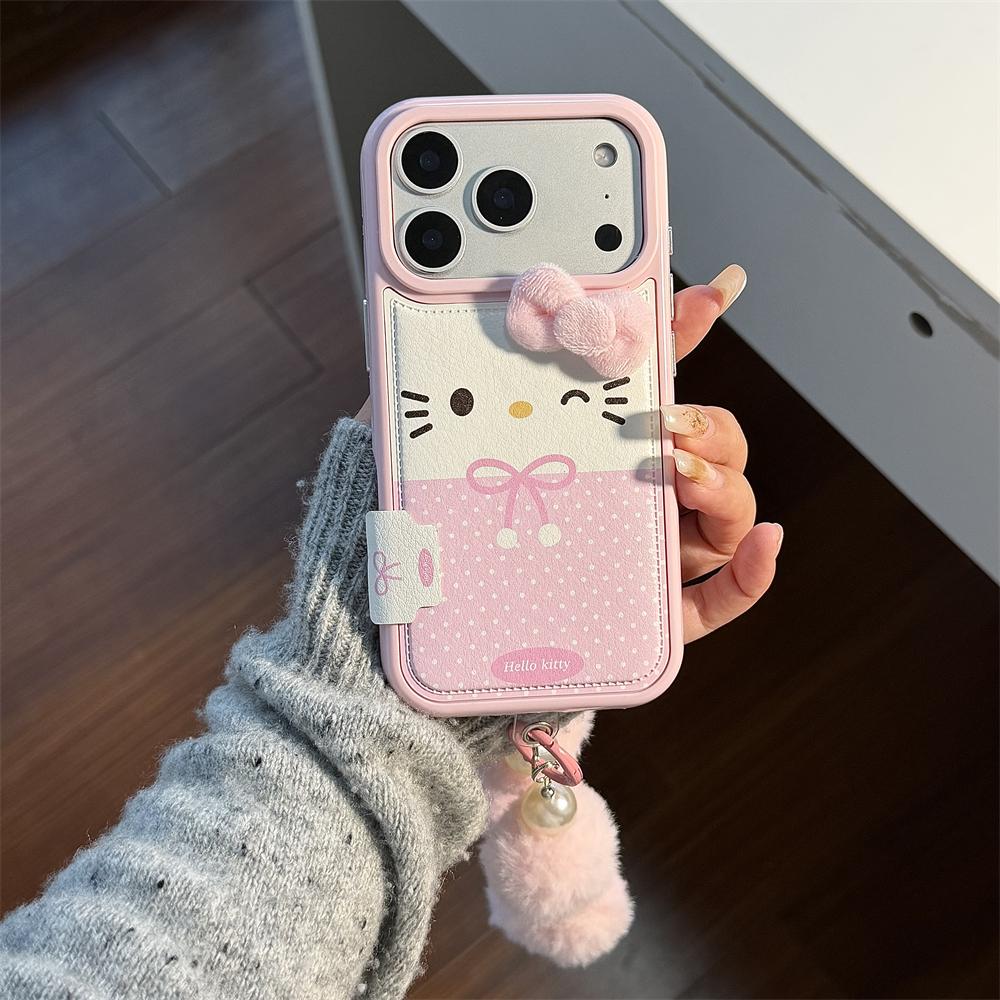 NEW Pink Candy Leather Cute Mini Sanrio Hello Kitty Case For iPhone 17 16 15 14 Pro Max Winter Warm Shockproof Wrist Strap Cover