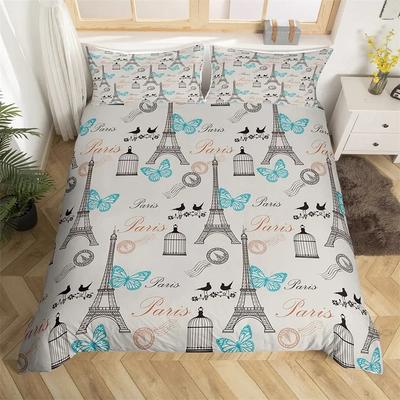 Paris Eiffel Tower Duvet Cover Set Watercolor Butterfly Bedding Set Single Twin King Microfiber Romantic Theme Comforter Cover