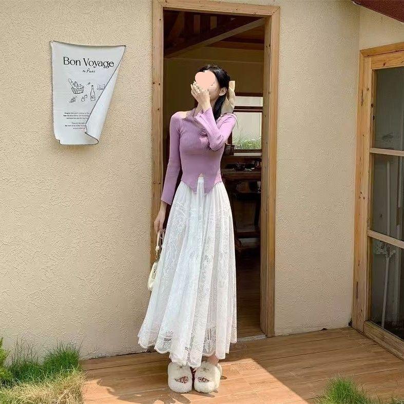 Versatile Retro Lace Mesh Mid-Length Stretch Skirt