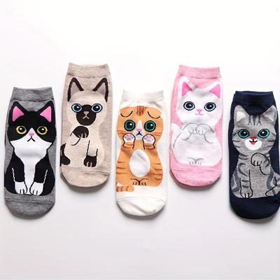 5 Pairs of Cartoon Cat Printed Socks, Cute and Breathable Plain Ankle Socks, Women's Stockings and Socks
