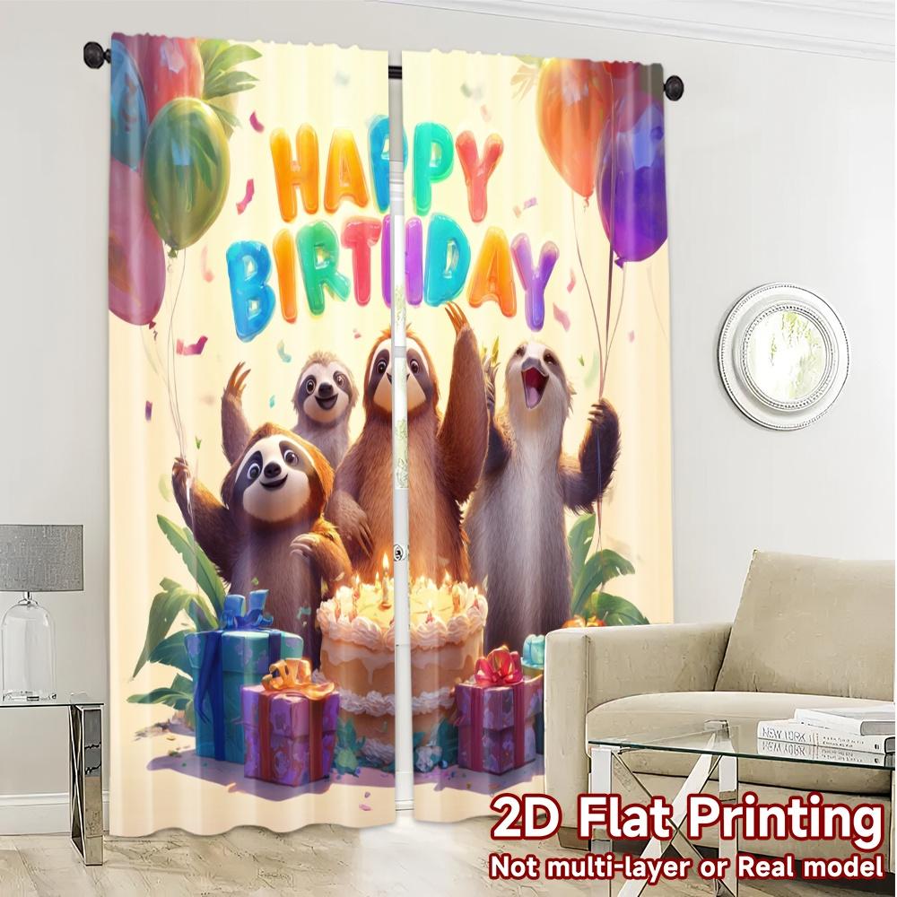 2pcs, 2D FLAT PRINTING Curtains (Without Rod) Sloth Celebration(2) Print Popular Curtains Polyester Easy Install Curtains