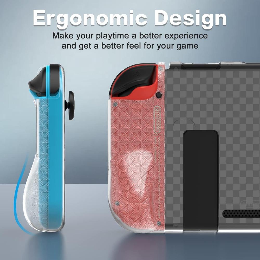 Carcasă de protecție TPU în carouri pentru Nintendo Switch, concepută ergonomic pentru atingere confortabilă, cu taste și film temperat pentru ecran