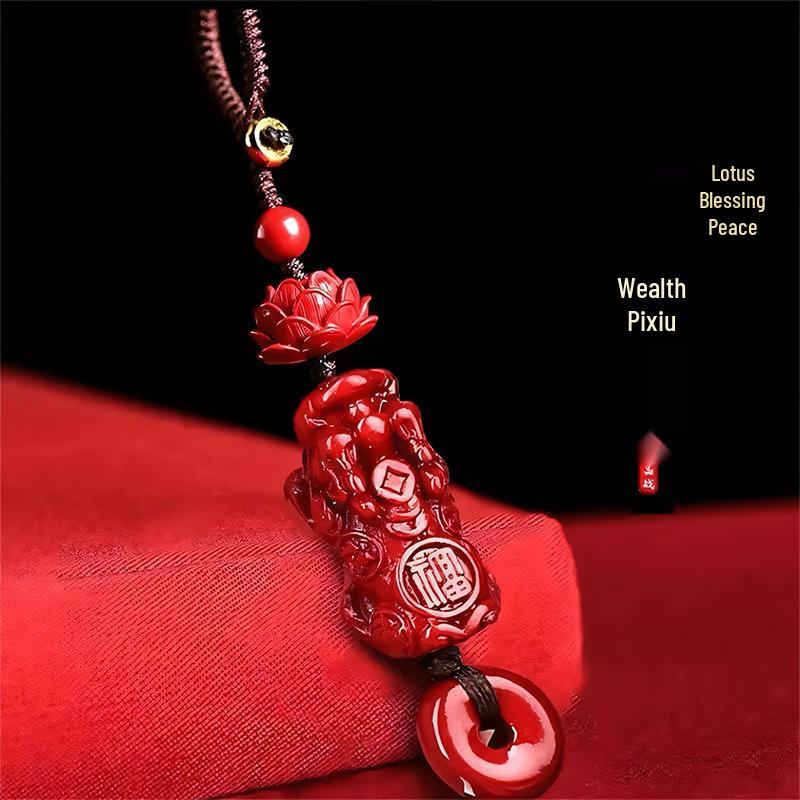 Vermilion Pixiu Peace Buckle Pendant Keychain with Purple Gold Sand Charms for Men & Women