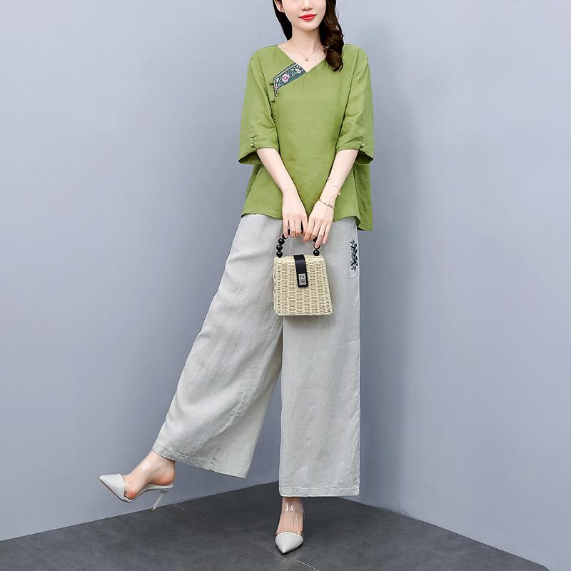 

2025 Summer Women s Linen Wide-Leg Pants Set with Retro Ethnic Embroidery Large