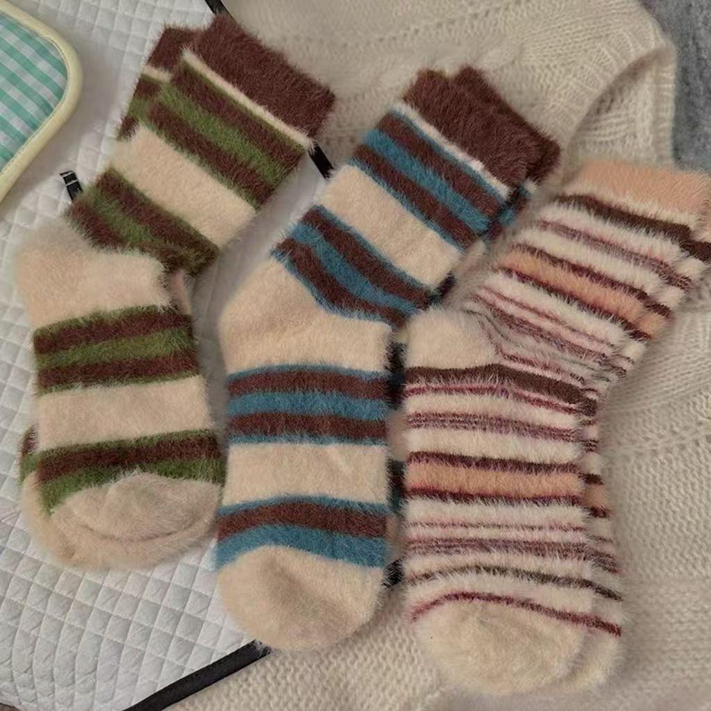 Korean Socks Children's Mid Tube Socks Winter Thickened Warm Mink Fleece Socks Striped Color Blocked Mid Tube Socks Stacked Sock