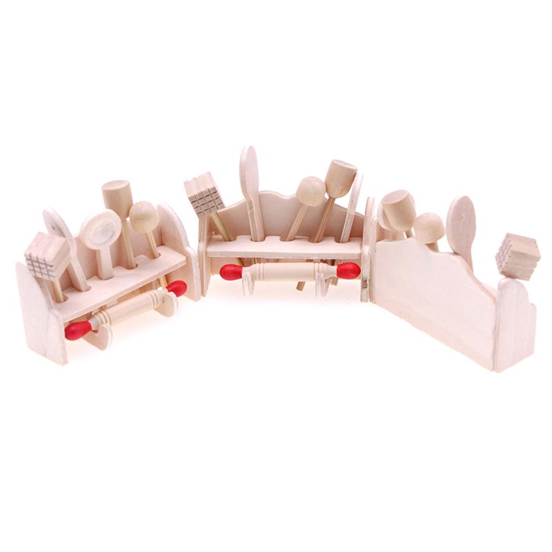 1Set Dollhouse Miniature Cookware Rolling Pin Spoon With Storage Rack Kitchen Utensils Model Doll House Decor Accessories