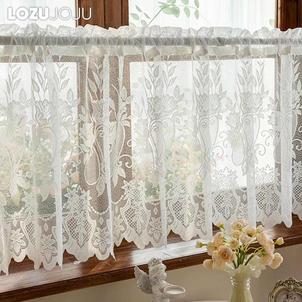 1PC LOZUJOJU French Retro Lace Short Curtain, Rustic Style, Lightweight Sheer Curtain for Living Room Kitchen Cupboard Window Home Decor