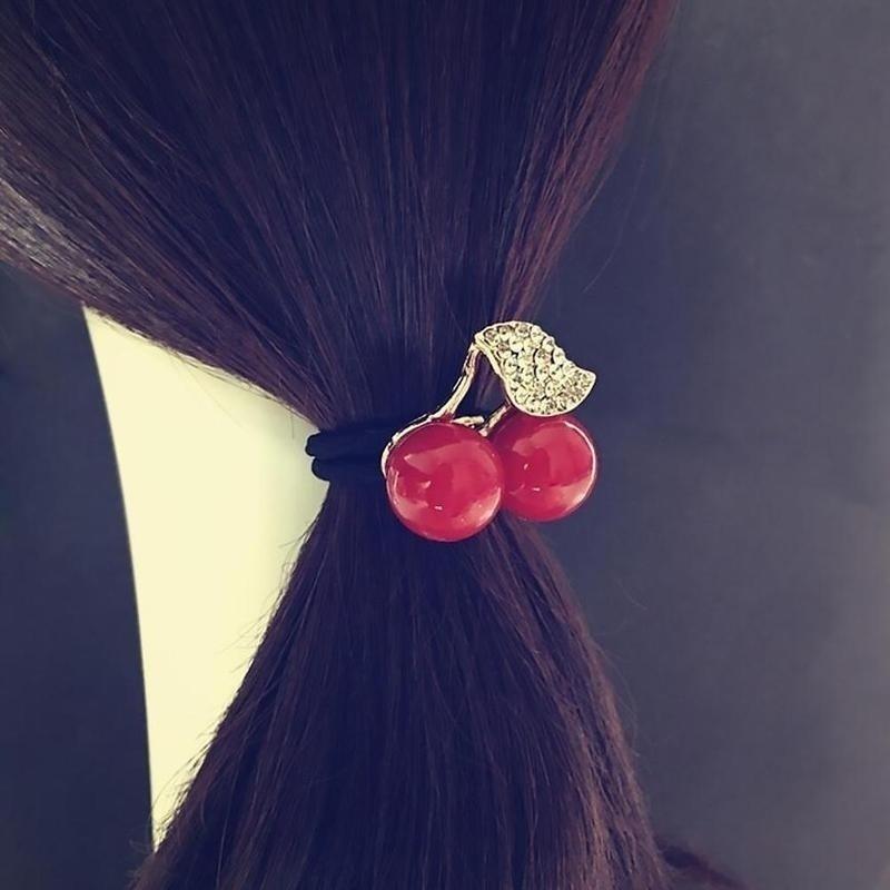 1Pc Women Girls Cherry Leaves Pearl Fashion Hair Rope Ladies Red and White Hair Accessories (Color Random)