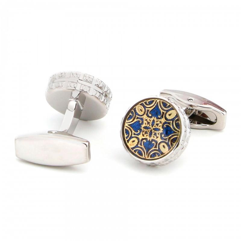 Fashionable Blue Background Gold Pattern Round Silver Men s Cufflinks Metal copper