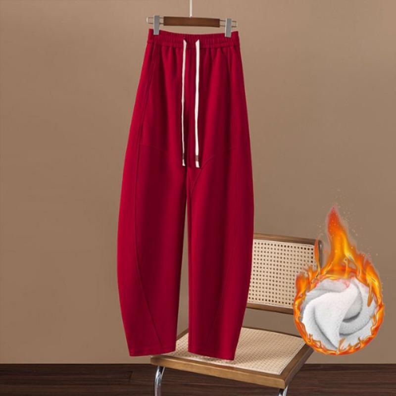 Pantalones Banana de Invierno Otoño para Mujer Nuevo Estilo Forrados de Felpa Sueltos Cintura Alta Moda Casual Cordón Cintura Elástica Pantalones Harem