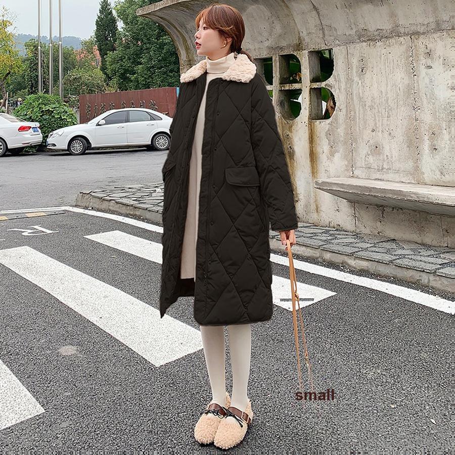 

Plus Size Fashion Puffer Cotton Jacket with Quilted Diamond Pattern Wool Collar M