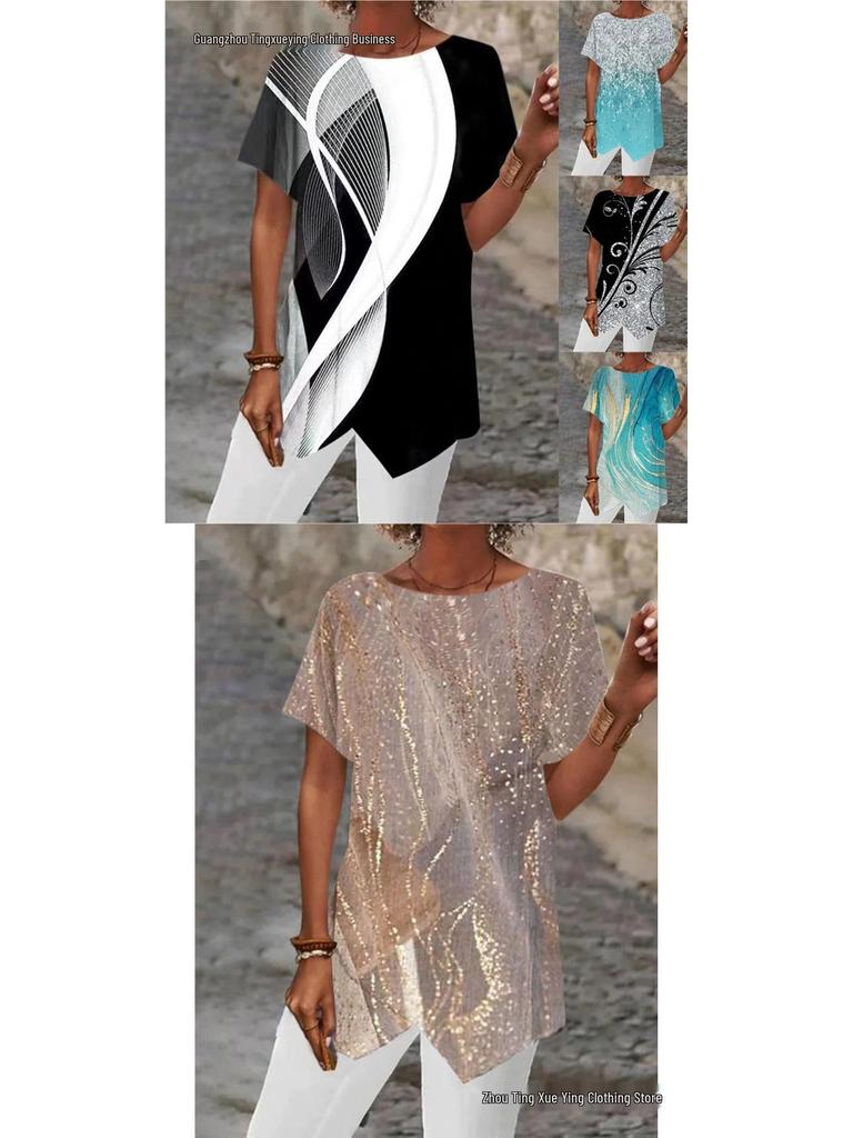 European Geometric Print Loose Short Sleeve Irregular Hem T-shirt