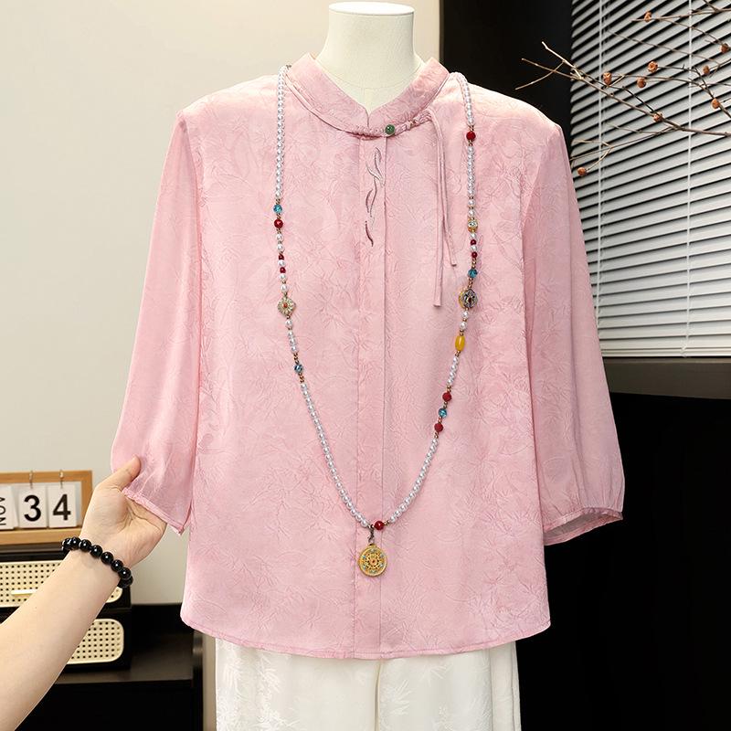 

Mother s Day Versatile Seven-Sleeve Slimming Top for Middle-Aged and Elderly Women - Chinese Style Spring/Summer Shirt XL (80-95jin) розовый