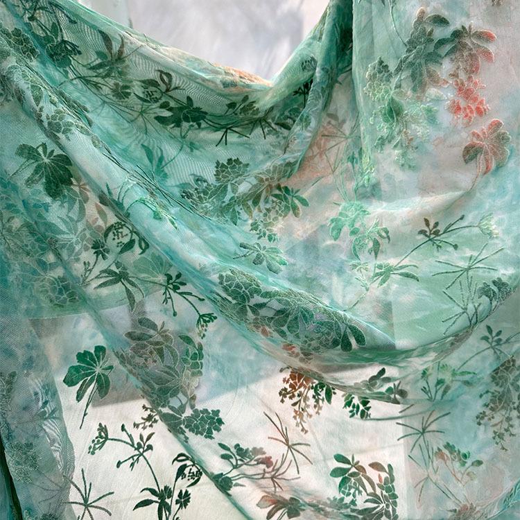 1yard Green Color Burnout Velour Lace Tie-dye Flocking Fabric African Tulle Jacquard Fabrics for Dress DIY Clothing