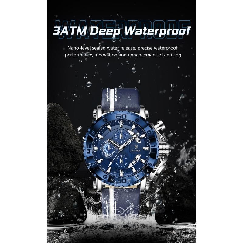 POEDAGAR Sportuhren für Herren Wasserdicht Leuchtend Datum Uhr Chronograph Leder Quarz Funktionell Armbanduhr Reloj
