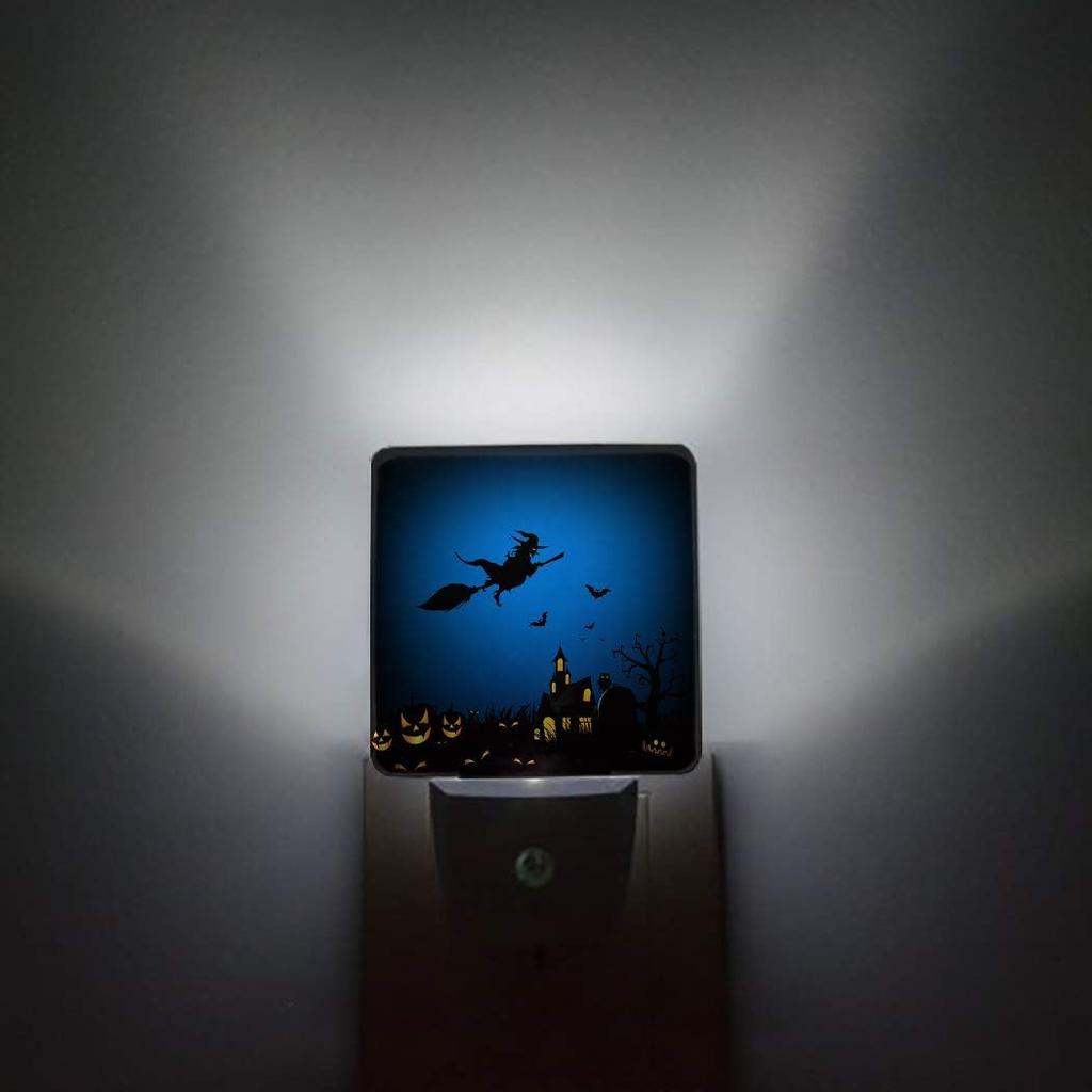 Castle and Witch Plug-in Night Light Auto Dusk to Dawn Orange Pumpkin Black Bats Halloween Night Lights Smart Sensor Led Nightlight Lamp for Bedroom