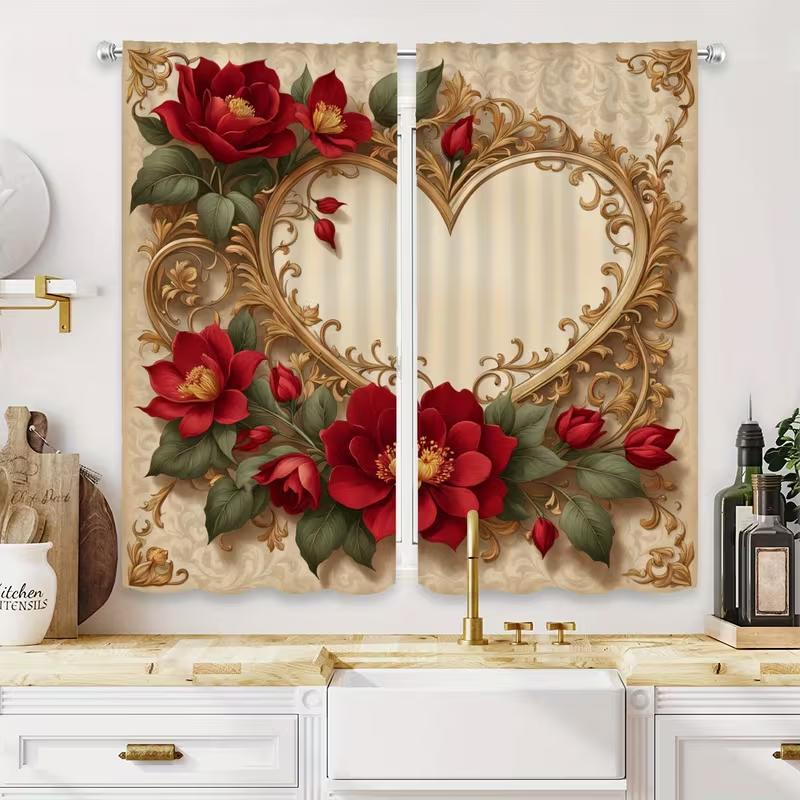 2PC Red Rose Gold Heart Curtains Baroque Print Light Filtering Drapes Luxury Romantic Home Decor for Bedroom Living Room