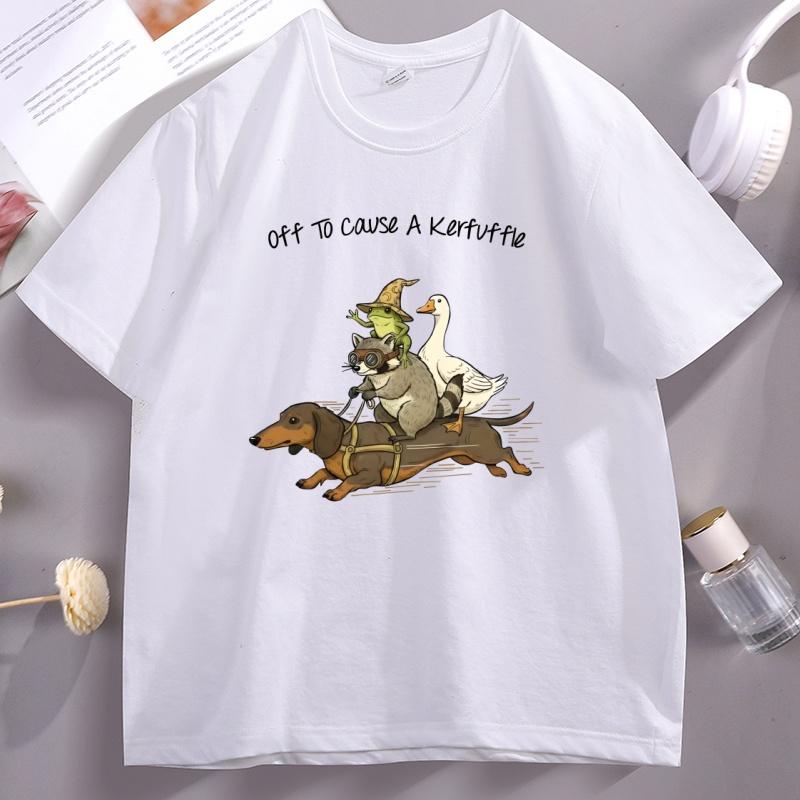 

Off To Cause A Kerfuffle TShirt Unisex Women Funny Dachshund Frog Meme Raccoon Tee Unisex Cotton Casual Tshirts Streetwear 4XL