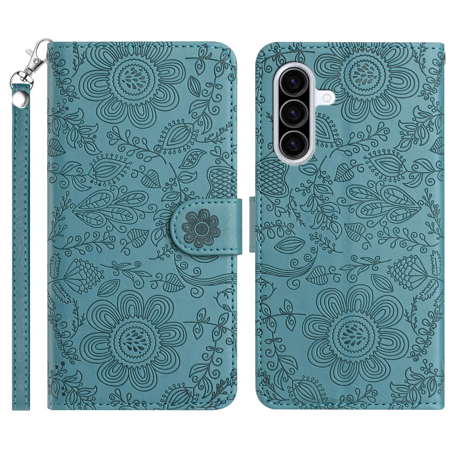 

Чохол для Samsung Galaxy A36 5G Шкіряний чохол-книжка з квітковим тисненням та ремінцем на зап ястя Blackish Green